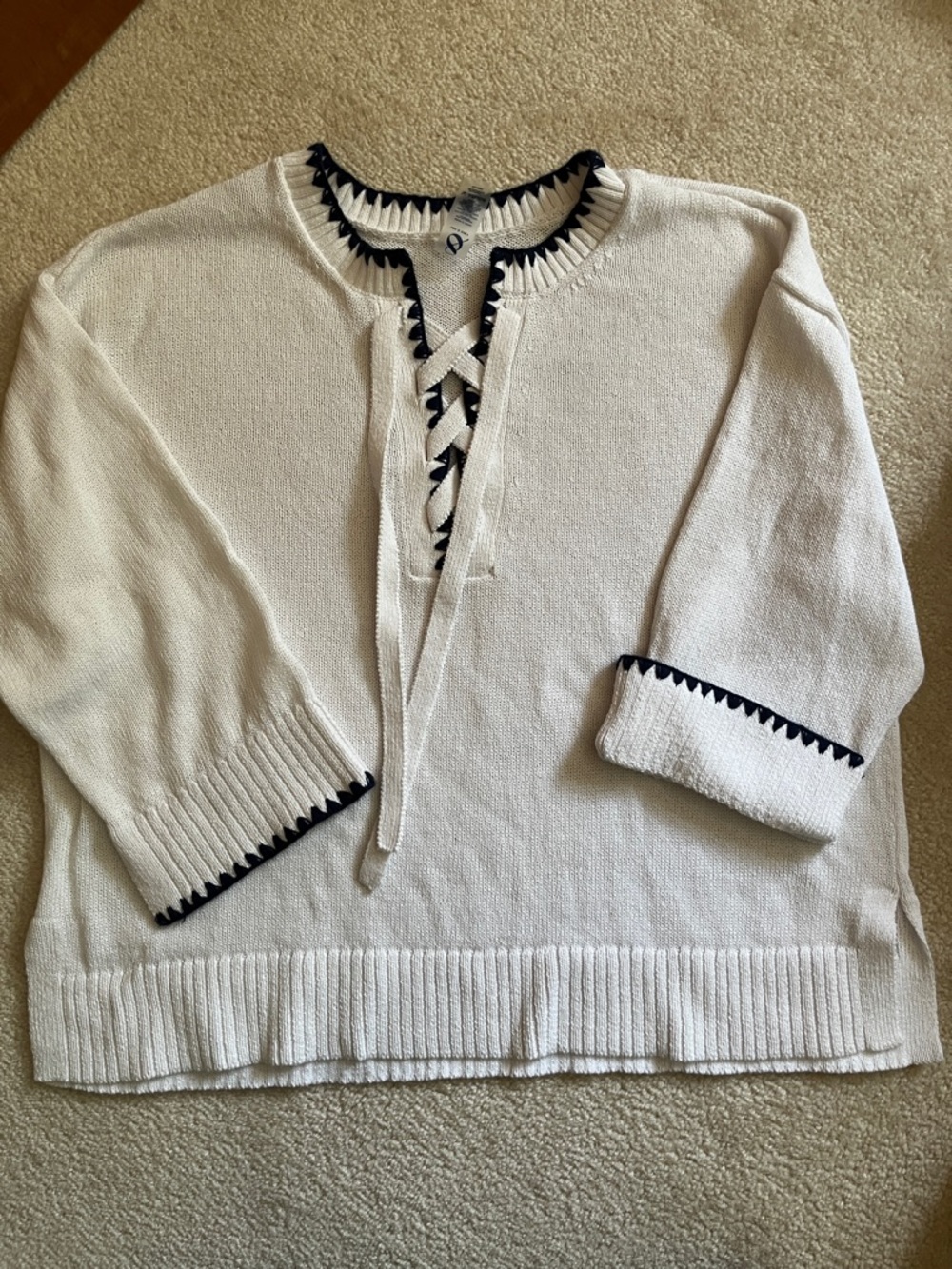 Lou & Grey Cream Sweater with Navy Lace-Up Trim